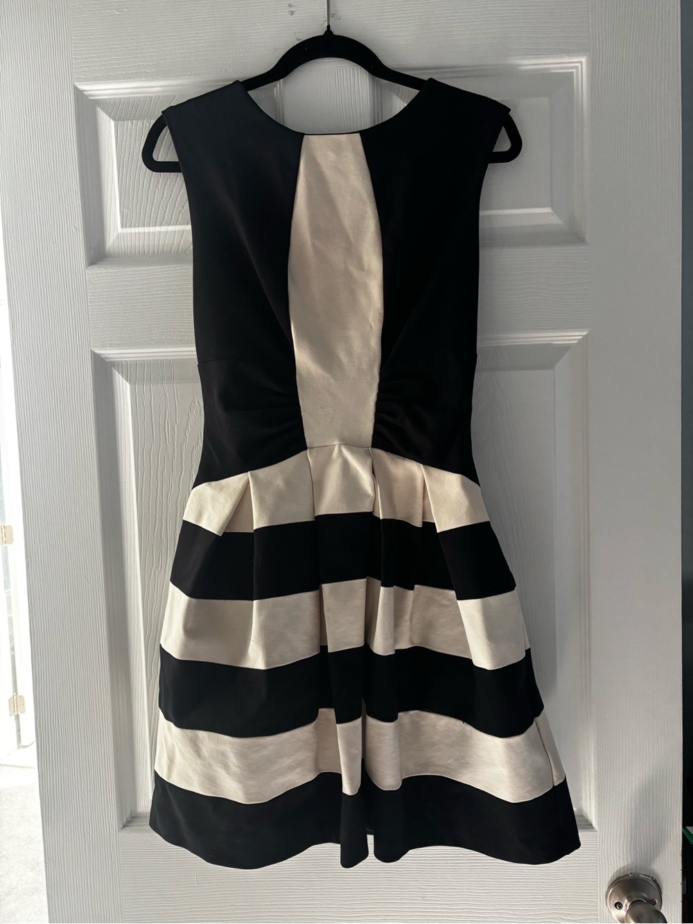 Eva Franco Black and Cream Striped above the Knee Fit-and-Flare Dress
